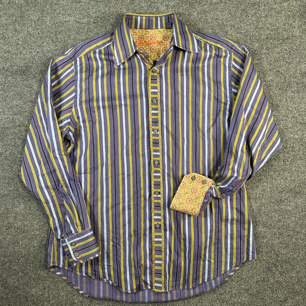 Robert Graham Men's Button Up Dress Shirt Purple Green Striped Flip Cuff Size XL